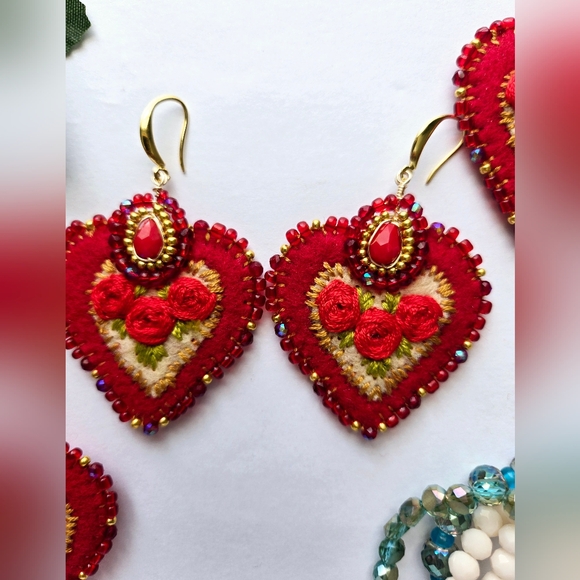 Hand Embroidered Heart Earrings - Picture 2 of 7